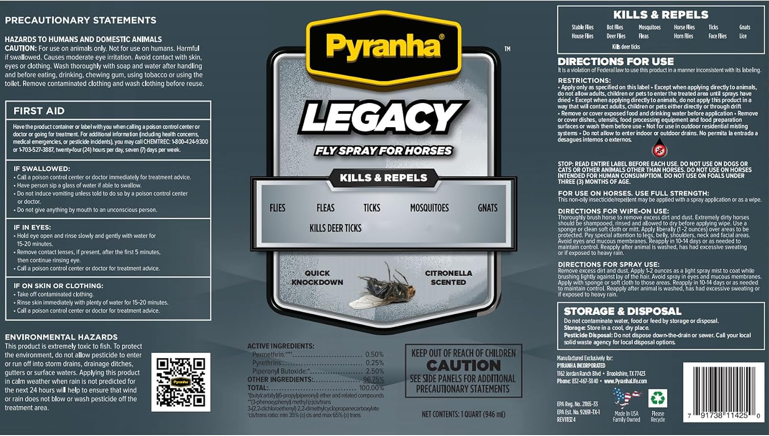 Pyranha Legacy Fly Spray for Horses – Sweat-Resistant Water-Based Citronella Insect Repellent, 32 oz