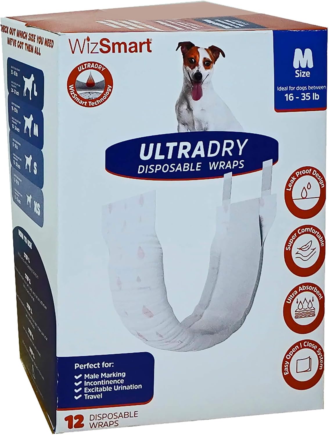 WizSmart UltraDry Disposable Male Dog Wraps – 12 Count