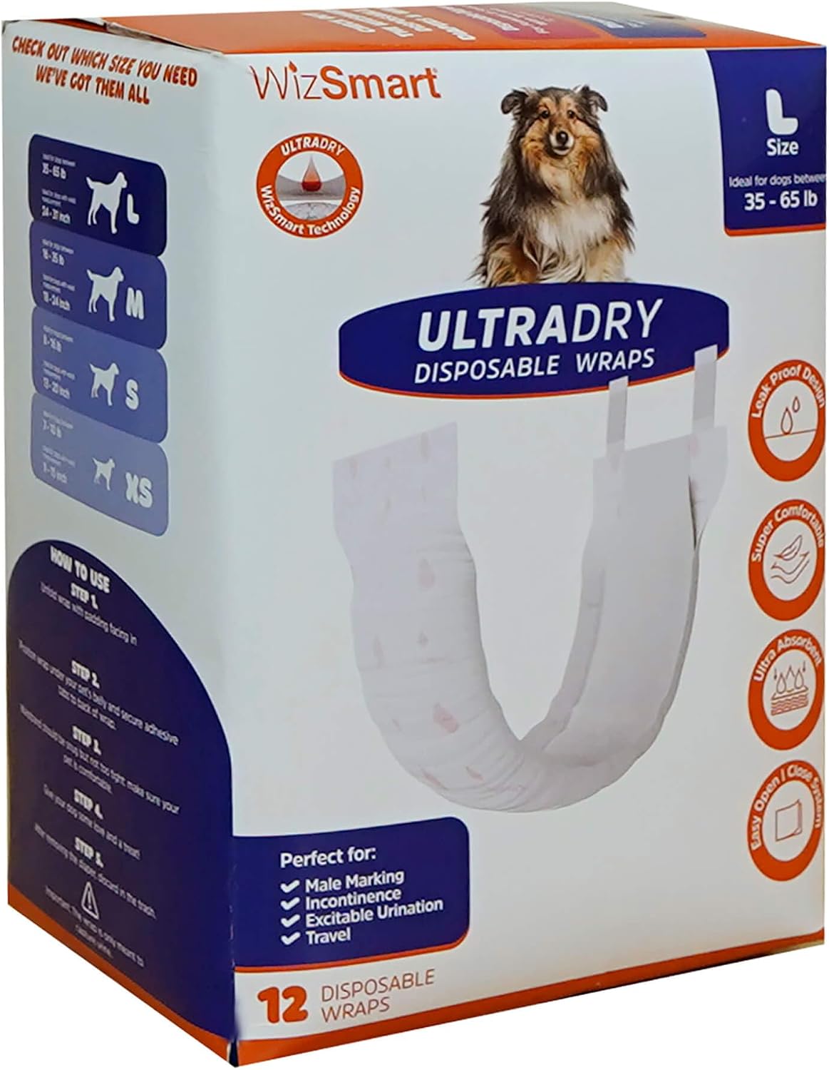 WizSmart UltraDry Disposable Male Dog Wraps – 12 Count