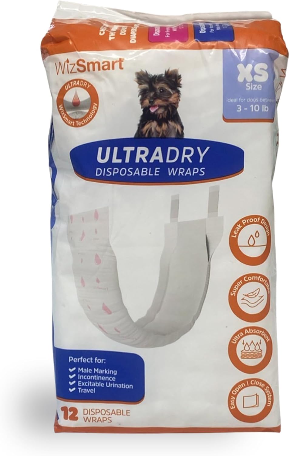 WizSmart UltraDry Disposable Male Dog Wraps – 12 Count