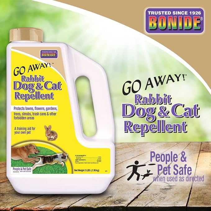 Bonide Go Away! Rabbit, Dog, & Cat Repellent Granules, 3 lbs Ready-to-Use, Keep Dogs off Lawn, Garden, Mulch & Flower Beds