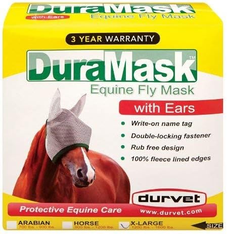 Durvet DuraMask Equine Fly Mask with Ears – X-Large for Horses 1,200–1,600 lb