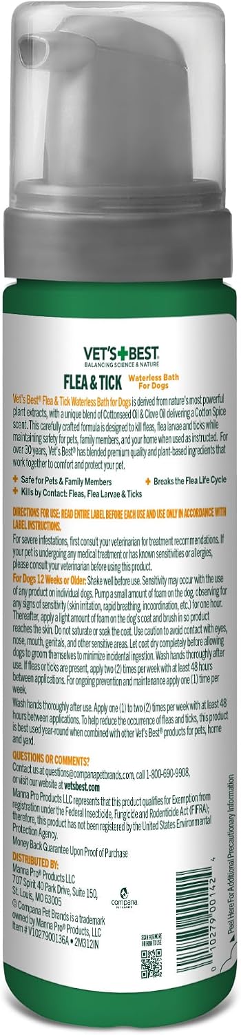 Vet's Best Waterless Flea & Tick Bath for Dogs, Essential Oil Spray, 8 oz