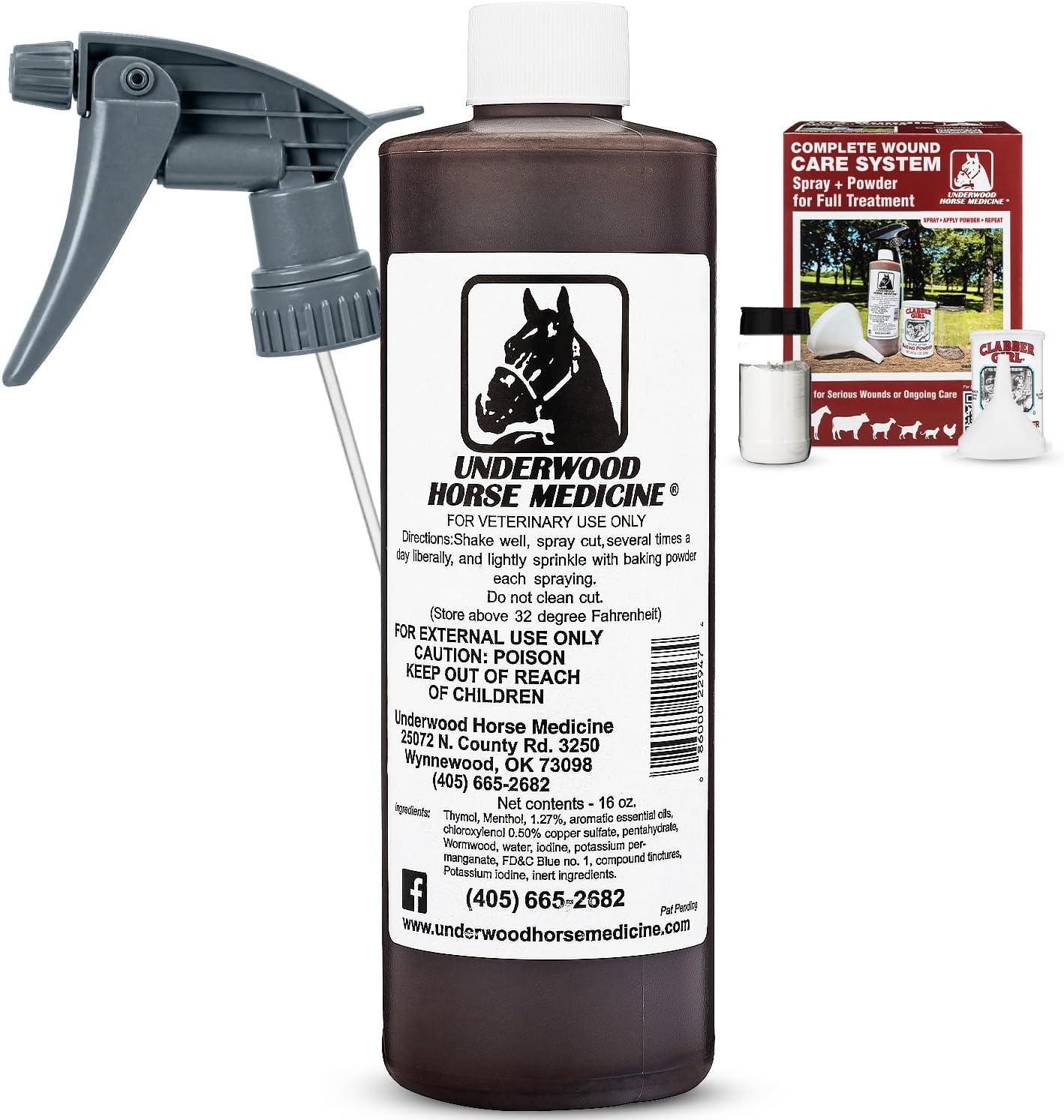 Underwood’s Horse Medicine Topical Wound Spray Bundle – 16 oz Wound Care Kit with Sprayer & Baking Powder