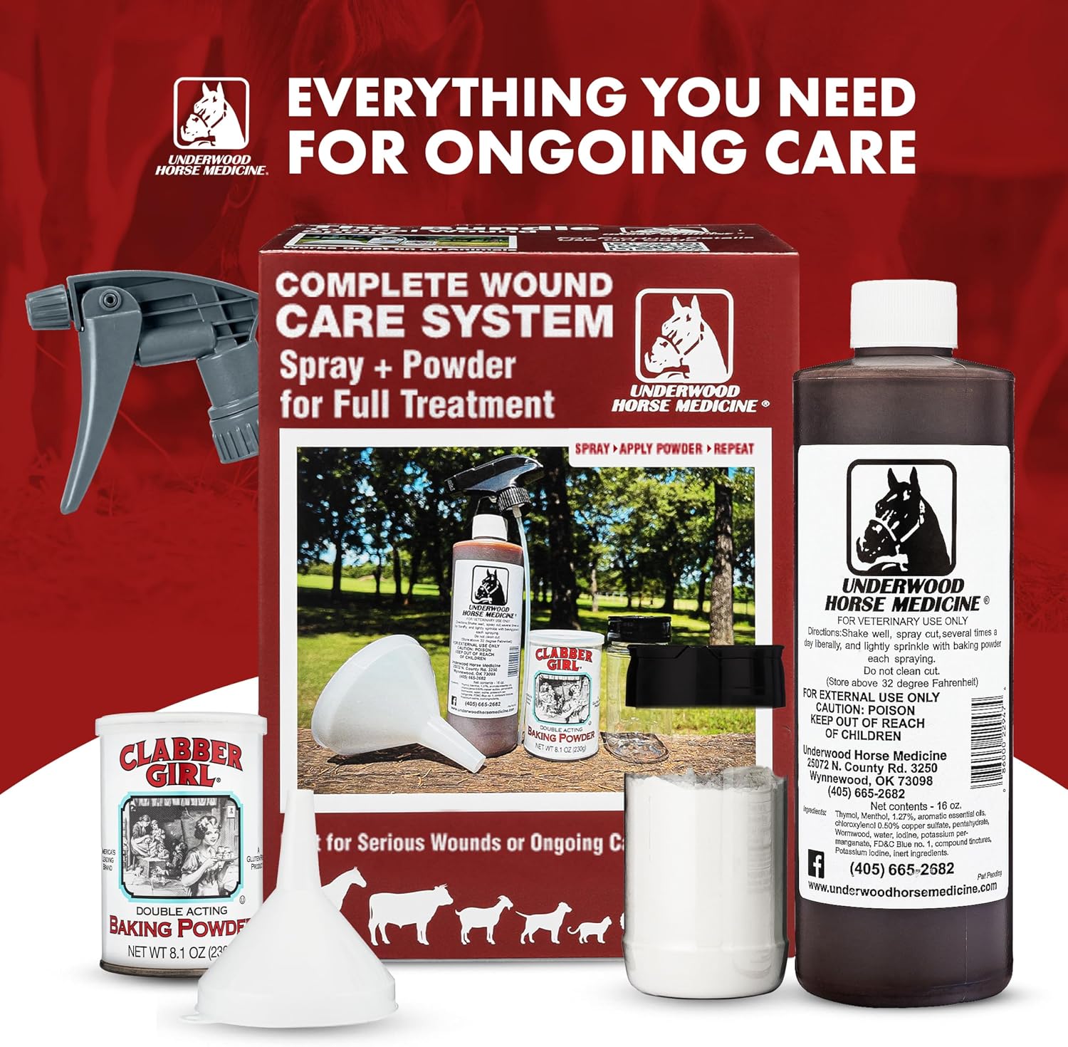 Underwood’s Horse Medicine Topical Wound Spray Bundle – 16 oz Wound Care Kit with Sprayer & Baking Powder