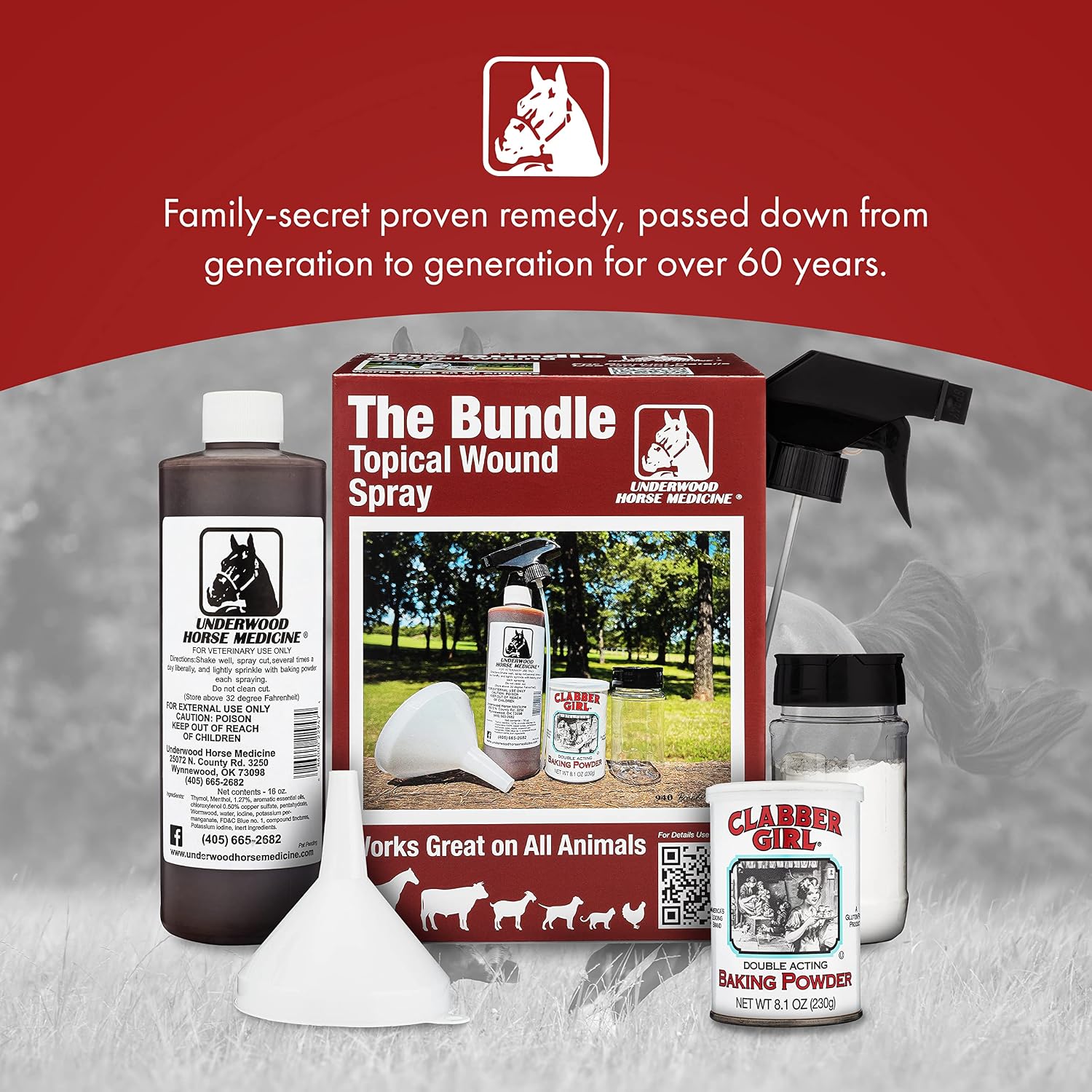 Underwood’s Horse Medicine Topical Wound Spray Bundle – 16 oz Wound Care Kit with Sprayer & Baking Powder
