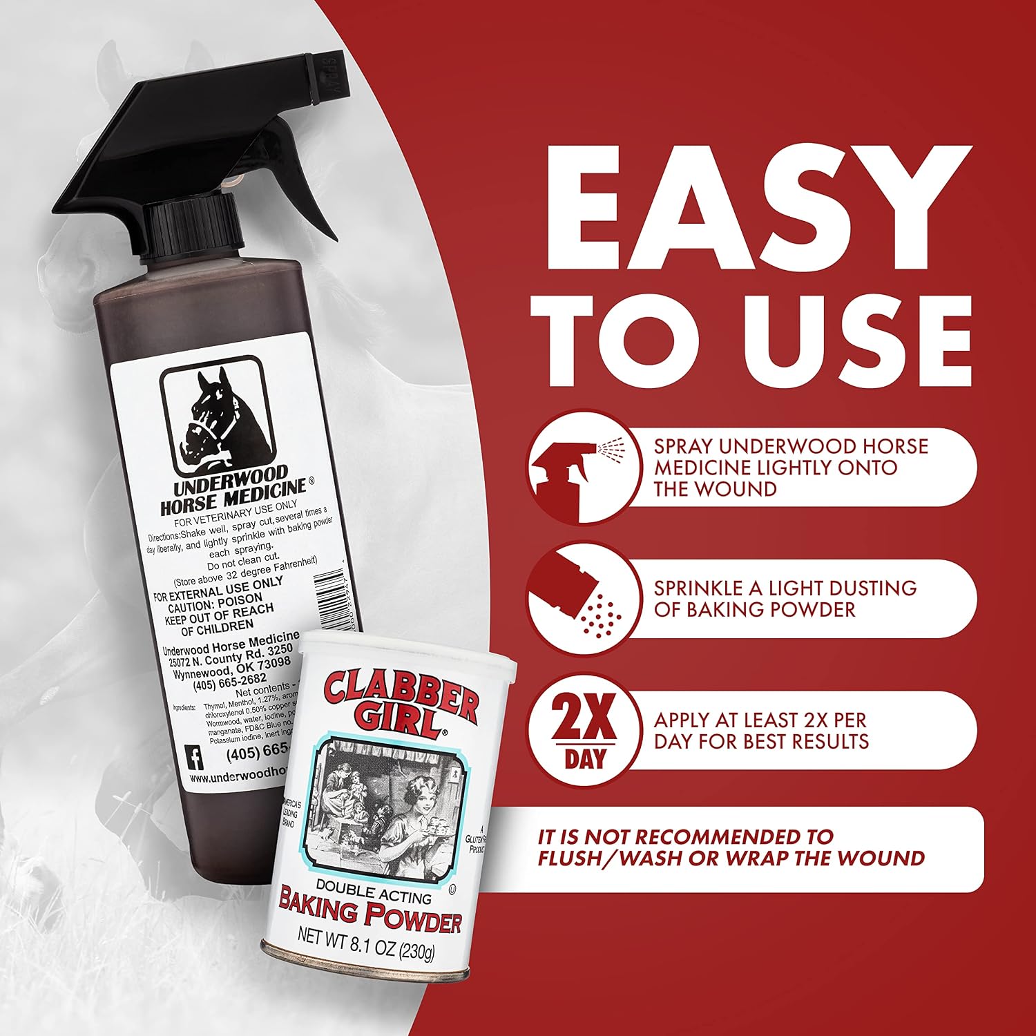 Underwood’s Horse Medicine Topical Wound Spray Bundle – 16 oz Wound Care Kit with Sprayer & Baking Powder