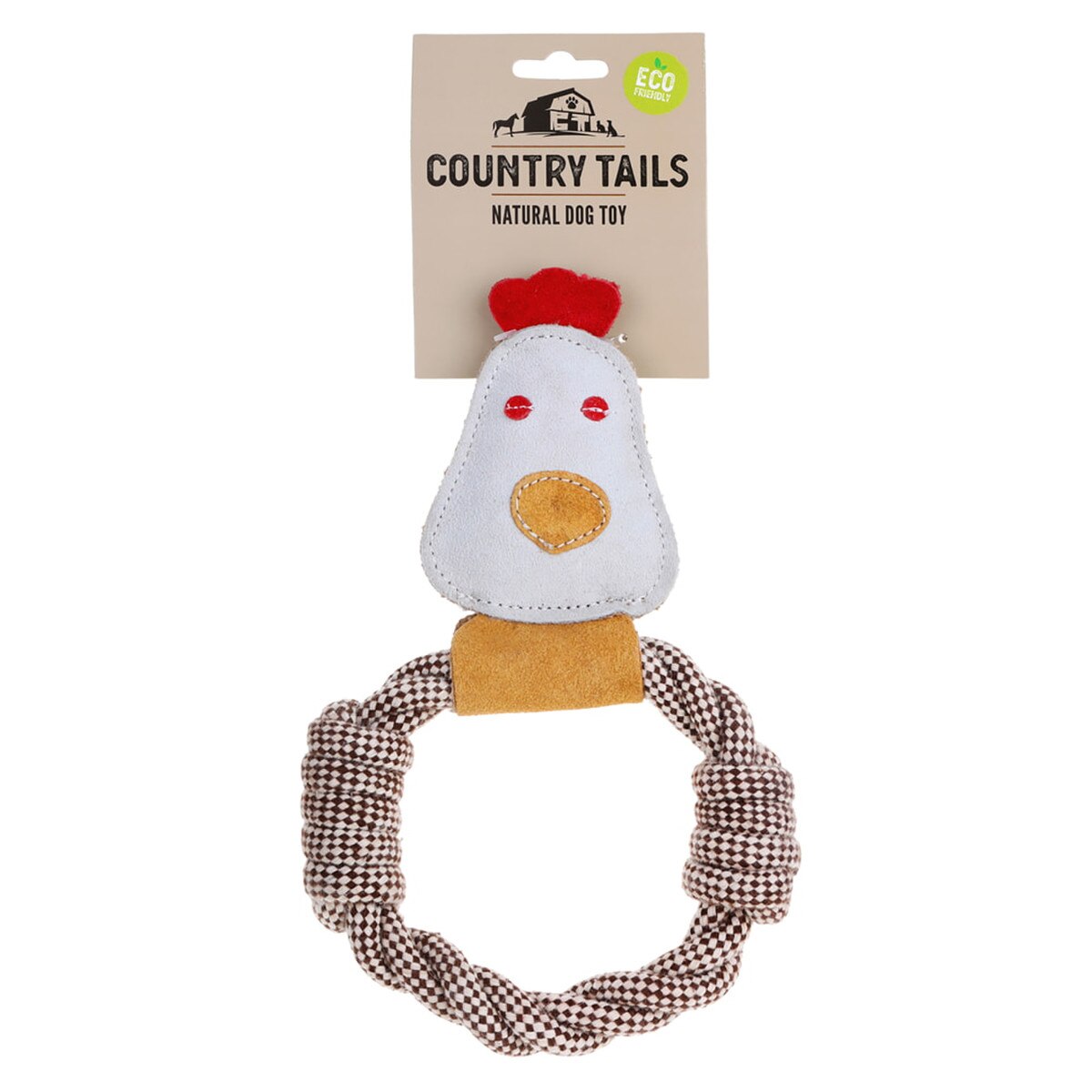 Country Tails Calico Chicken Rope Ring Dog Toy – 23" Natural Suede, Jute & Wool Rope Squeaky Toy