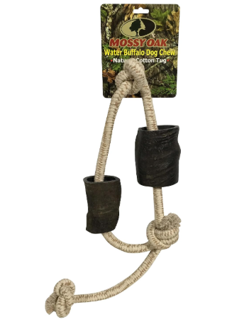 QT Dog Mossy Oak Water Buffalo Horn & Tug Dog Chew 34" – Natural Cotton Rope Toy — image 1