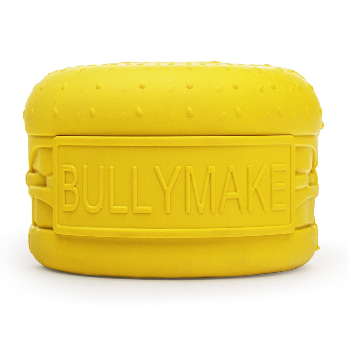 BULLYMAKE Cheeseburger Rubber Dog Chew Toy – Yellow Bacon-Scented Treat Stuffing Toy for Power Chewers