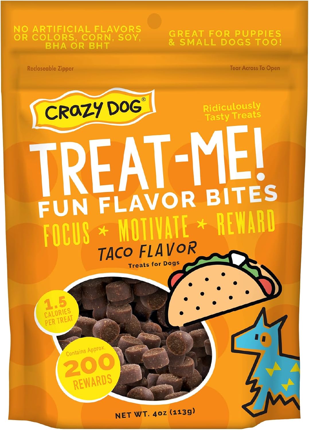 Crazy Dog Treat-Me! Mini Dog Treats, Taco, 4 oz Bag 200 Treats