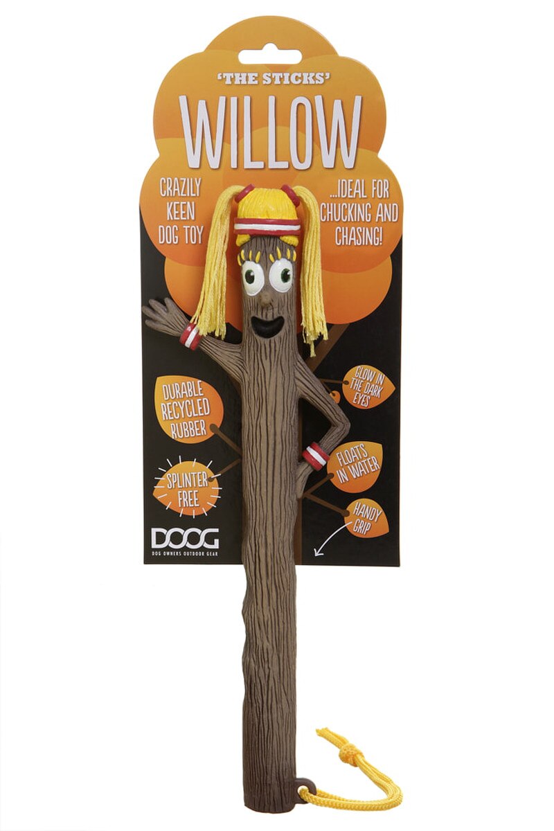 DOOG Willow Stick Dog Fetch Toy 13" – Recycled Rubber Floating Stick with Rope & Glow-in-the-Dark Eyes