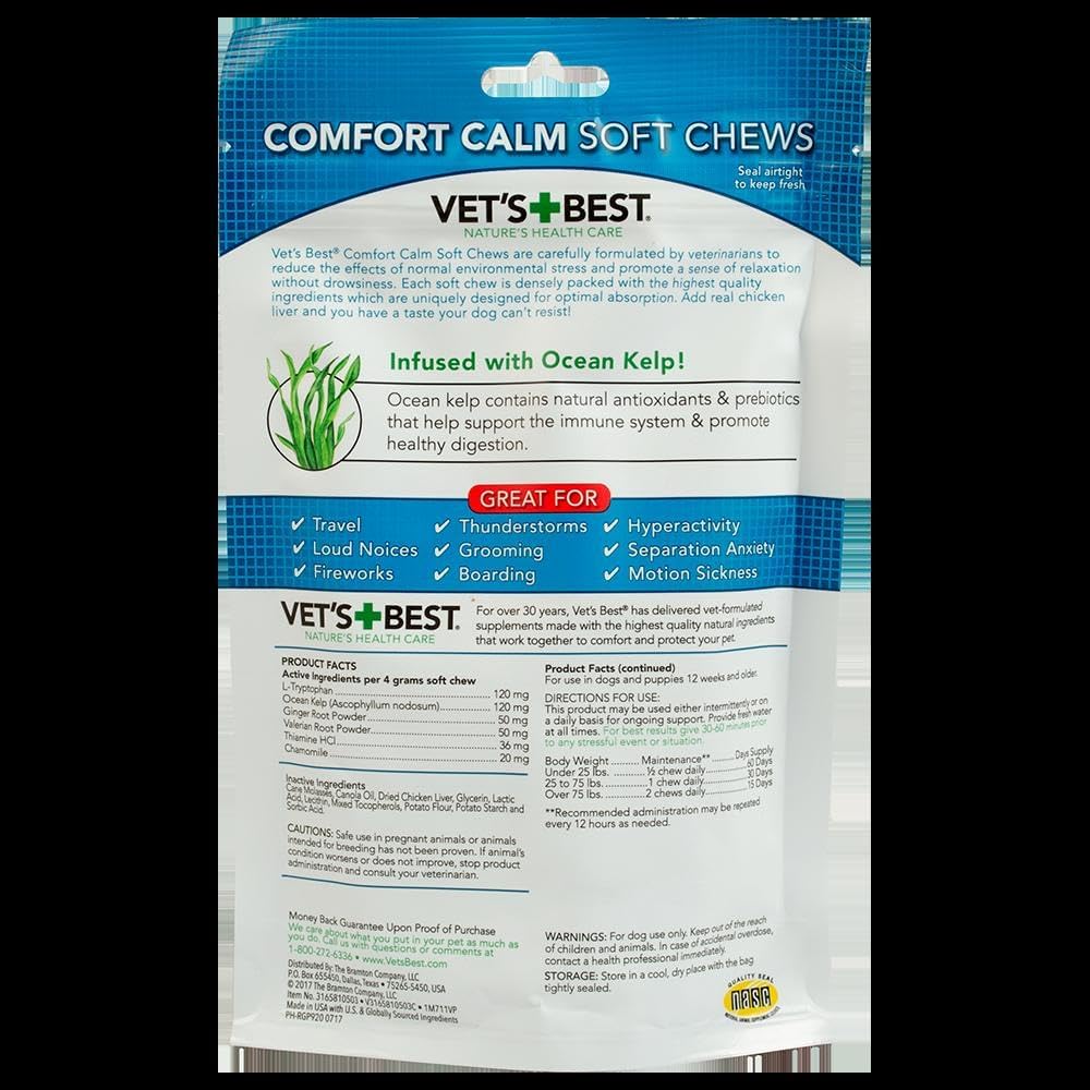 Vet’s Best Comfort Calm Soft Chews for Dogs 30 Count – 4.2 oz Calming Supplement with L-Tryptophan, Valerian & Chamomile