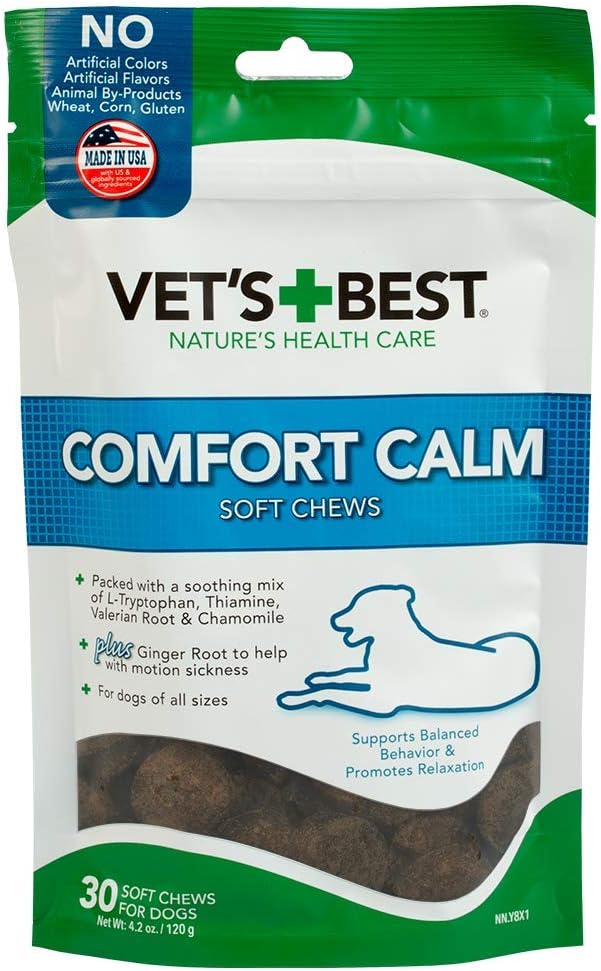Vet’s Best Comfort Calm Soft Chews for Dogs 30 Count – 4.2 oz Calming Supplement with L-Tryptophan, Valerian & Chamomile