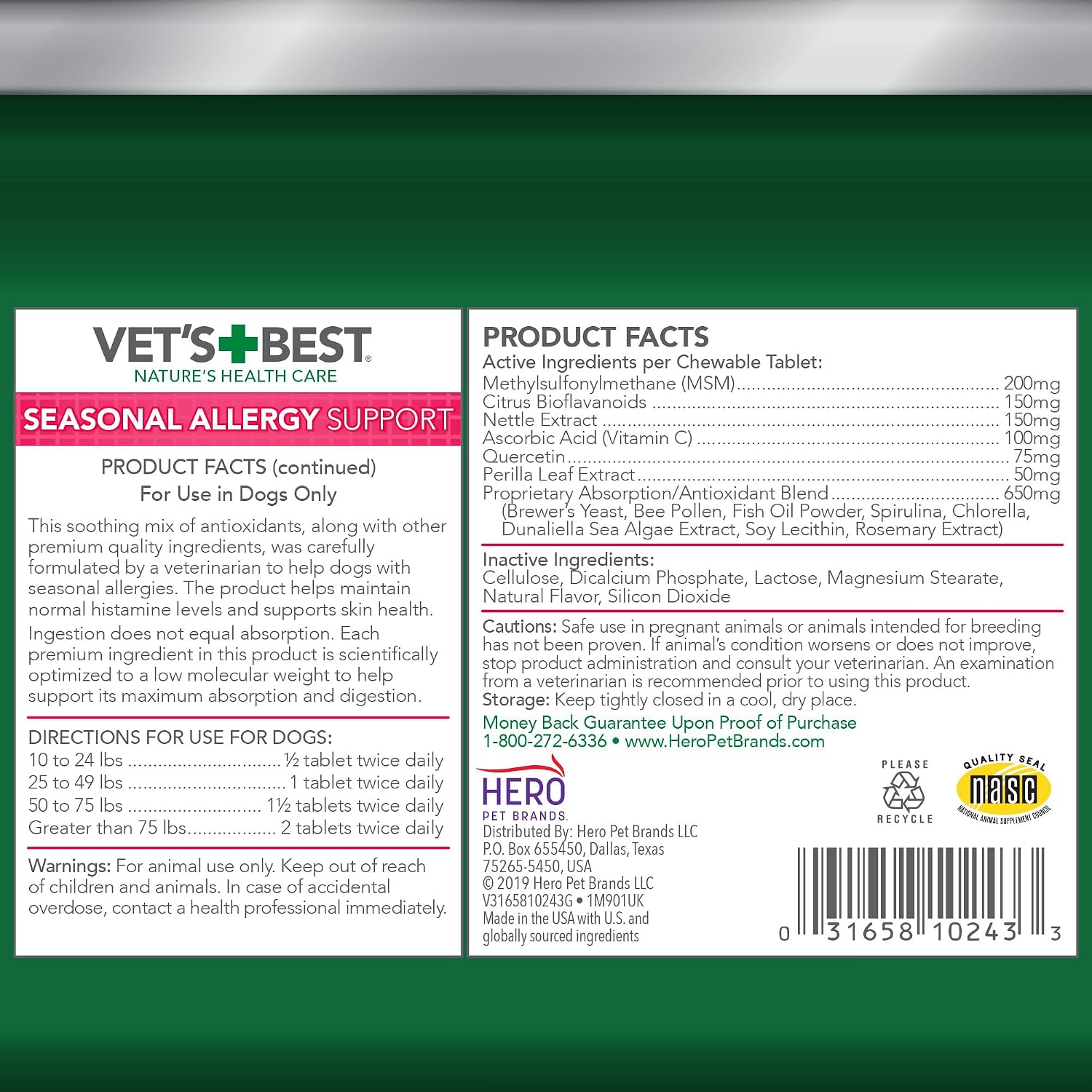 Vet's Best Seasonal Allergy Support Supplement for Dogs, 60 Tablets