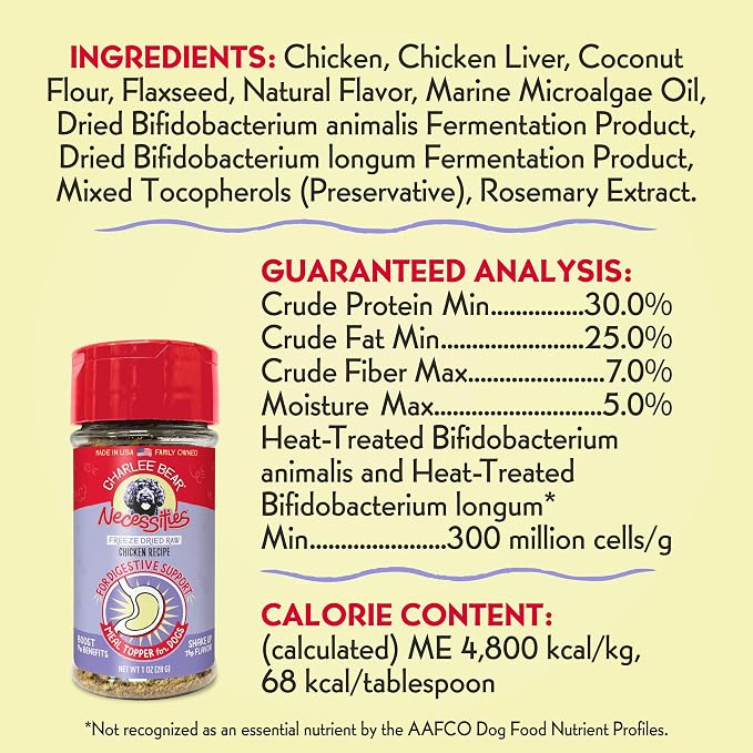 Charlee Bear Freeze Dried Chicken Dog Food Topper, Digestive Health, 1 oz 