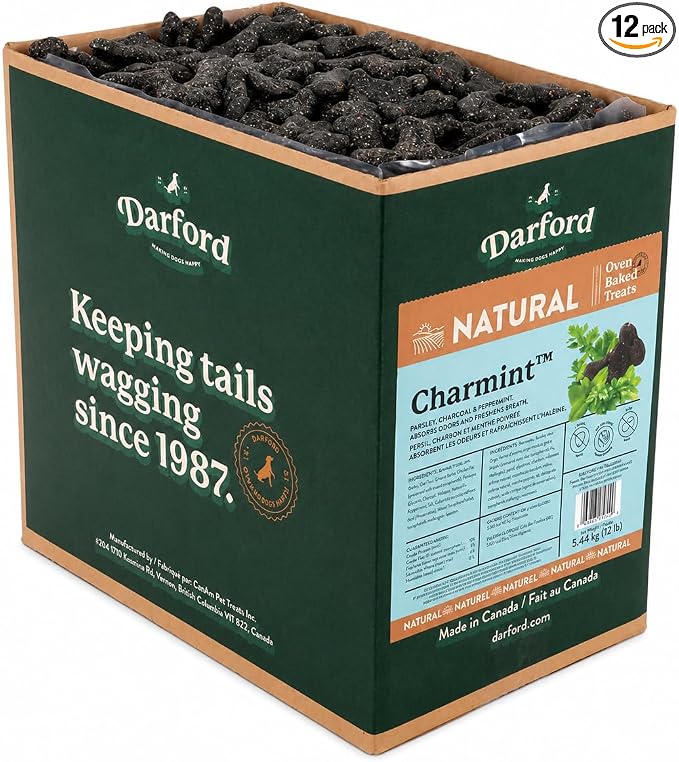 Darford Naturals CharMint Mini Dog Treats – 12 lb Bulk Box, Oven-Baked Mint Breath-Freshening Dog Biscuits