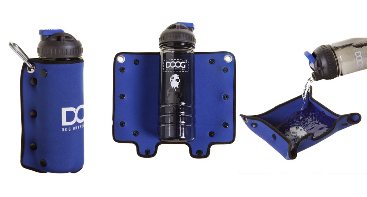 DOOG 3-in-1 Dog Water Bottle & Portable Bowl – Blue, Insulated Neoprene Travel Hydration Bottle