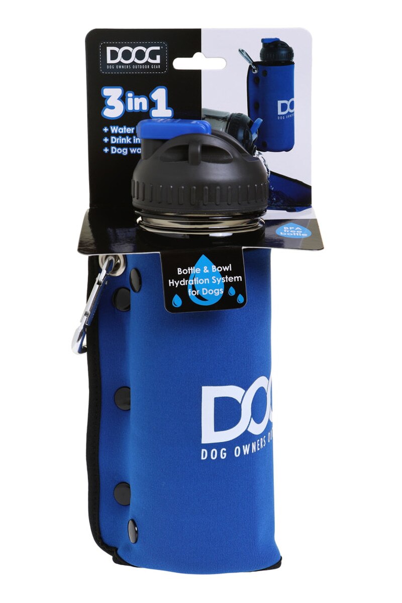 DOOG 3-in-1 Dog Water Bottle & Portable Bowl – Blue, Insulated Neoprene Travel Hydration Bottle