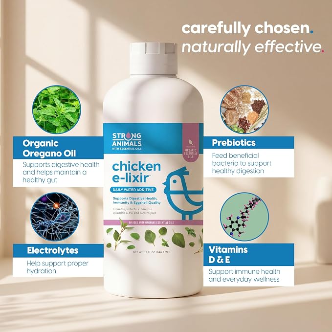 Strong Animals Chicken E-lixir Poultry Supplement – 32 oz Daily Water Additive with Vitamins, Electrolytes & Prebiotics