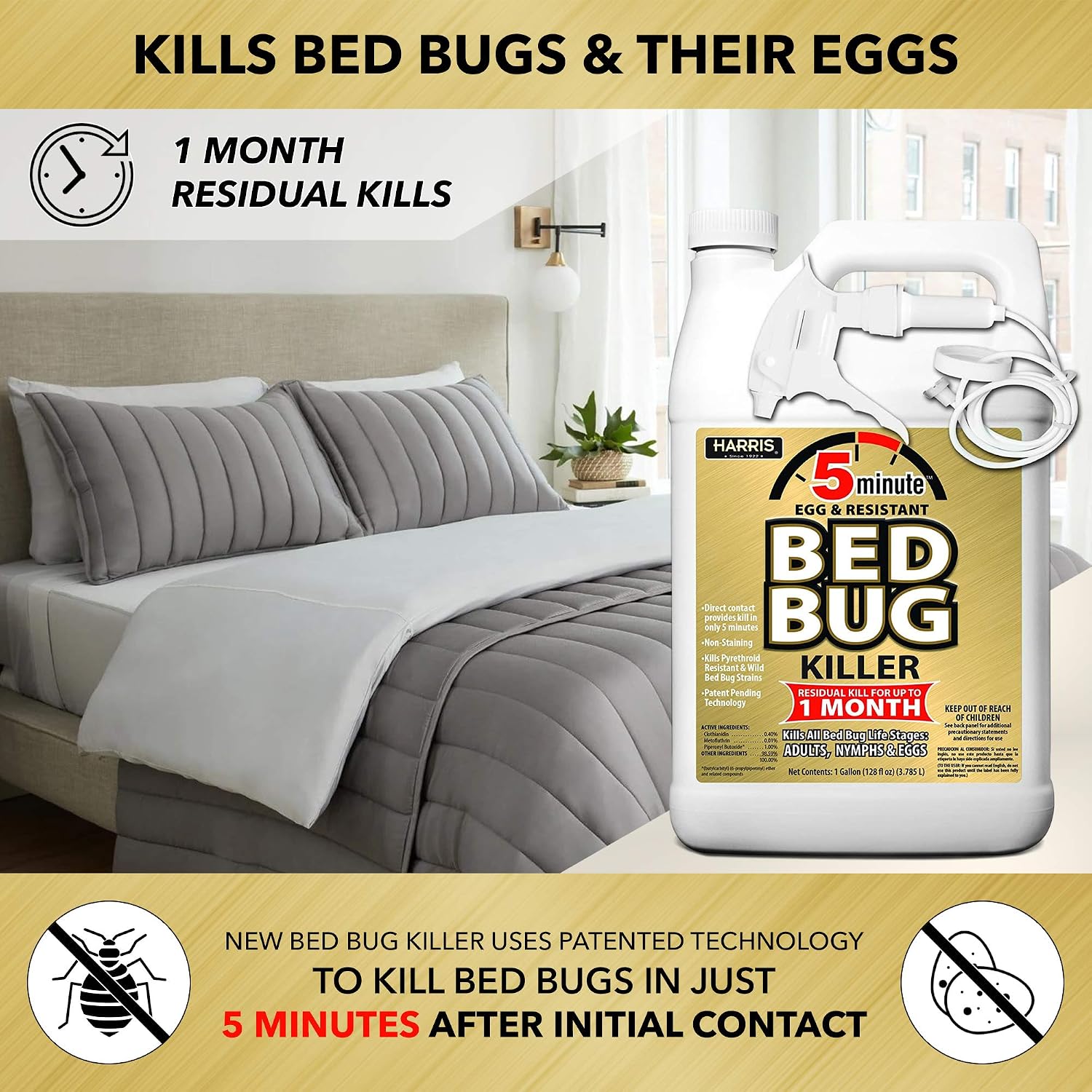 Harris 5 Minute Bed Bug Killer 128 oz – 1 Gallon Ready-to-Use Odorless & Non-Staining Spray, Kills Bed Bugs & Eggs