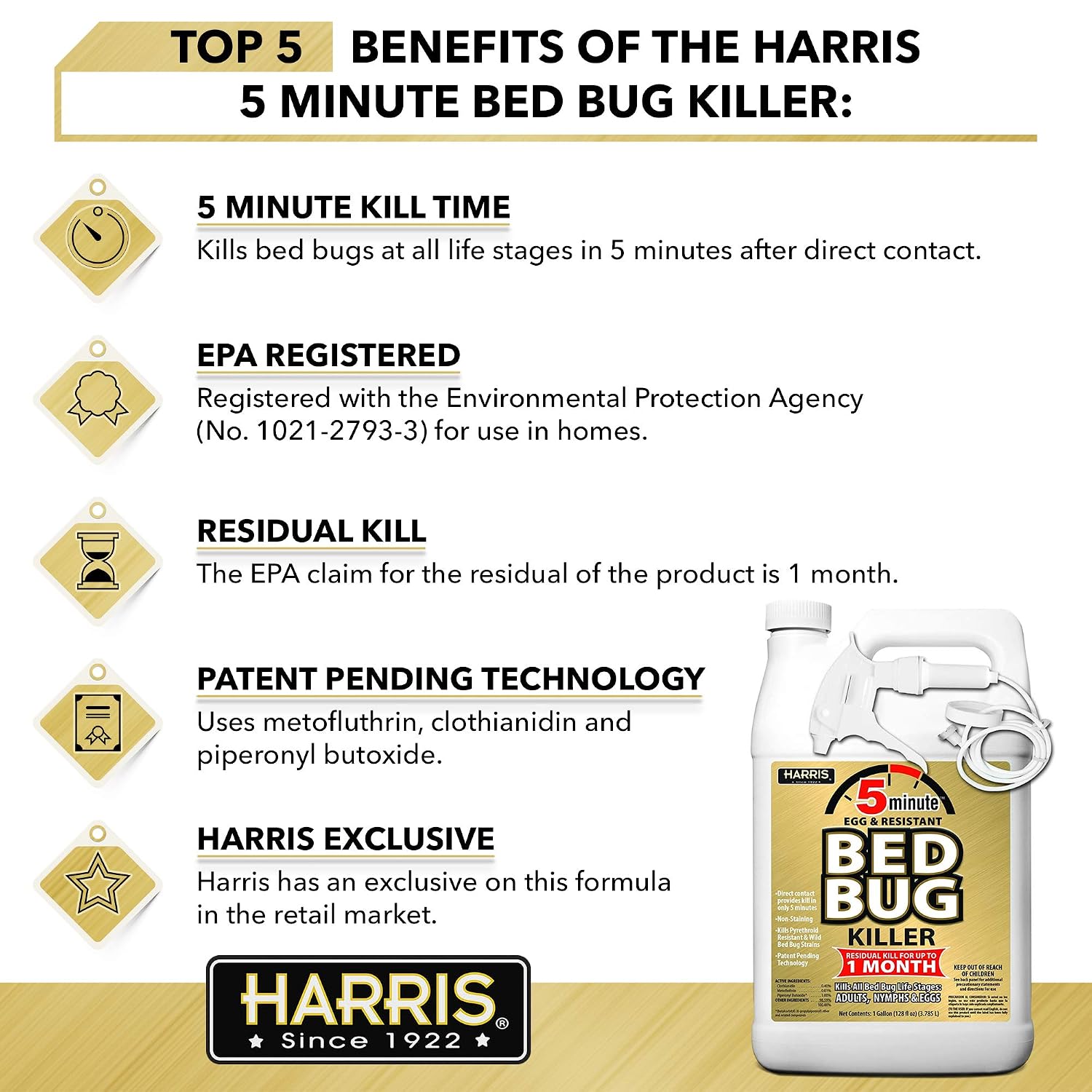 Harris 5 Minute Bed Bug Killer 128 oz – 1 Gallon Ready-to-Use Odorless & Non-Staining Spray, Kills Bed Bugs & Eggs