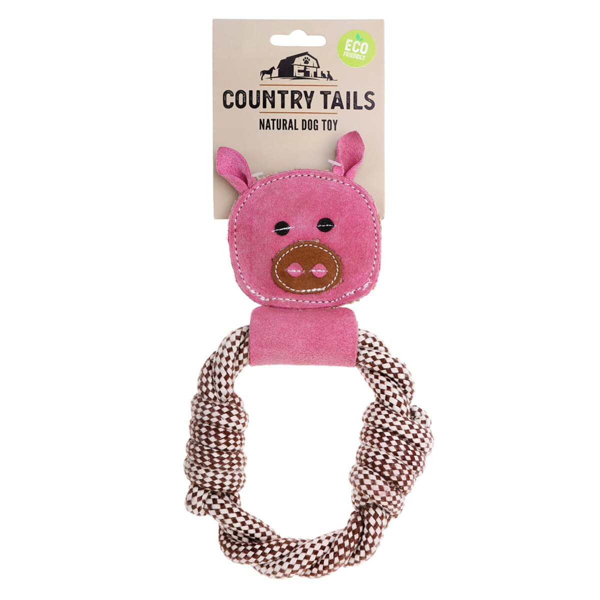 DOOG Country Tails Peggy Pig Rope Ring Dog Toy – 23" Natural Suede, Jute & Wool Rope Tug Toy