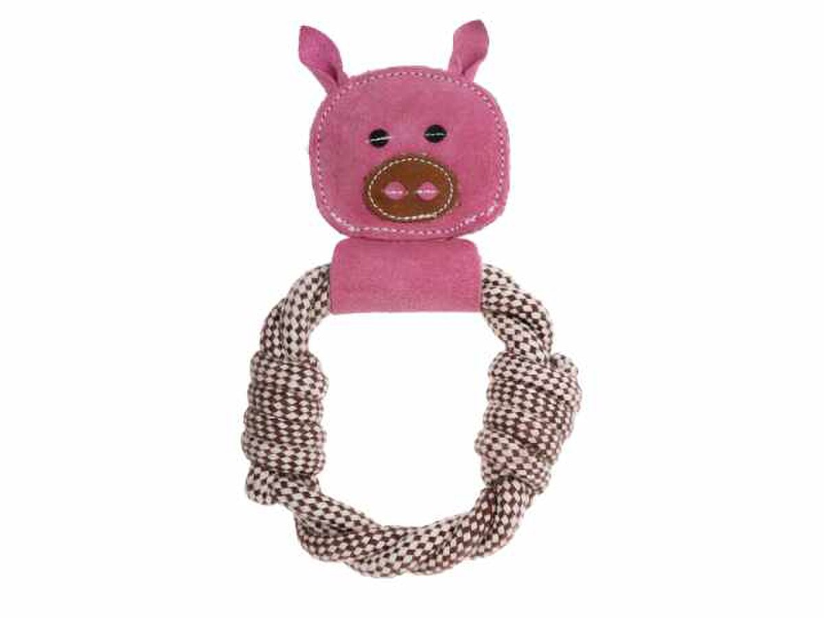 DOOG Country Tails Peggy Pig Rope Ring Dog Toy – 23" Natural Suede, Jute & Wool Rope Tug Toy
