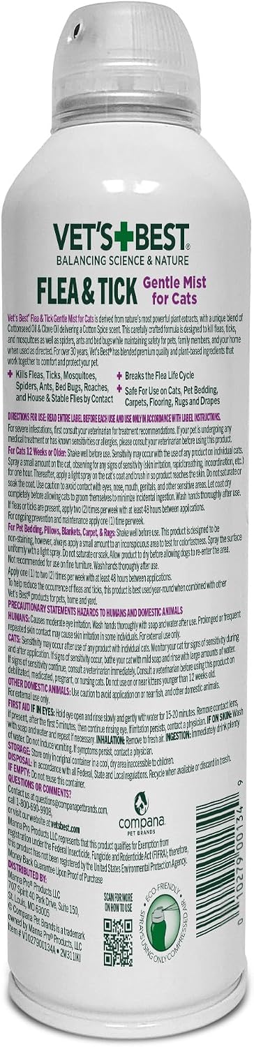 Vet’s Best Flea & Tick Gentle Mist Spray for Cats – Plant-Based Cottonseed & Clove Oil, Cotton Spice