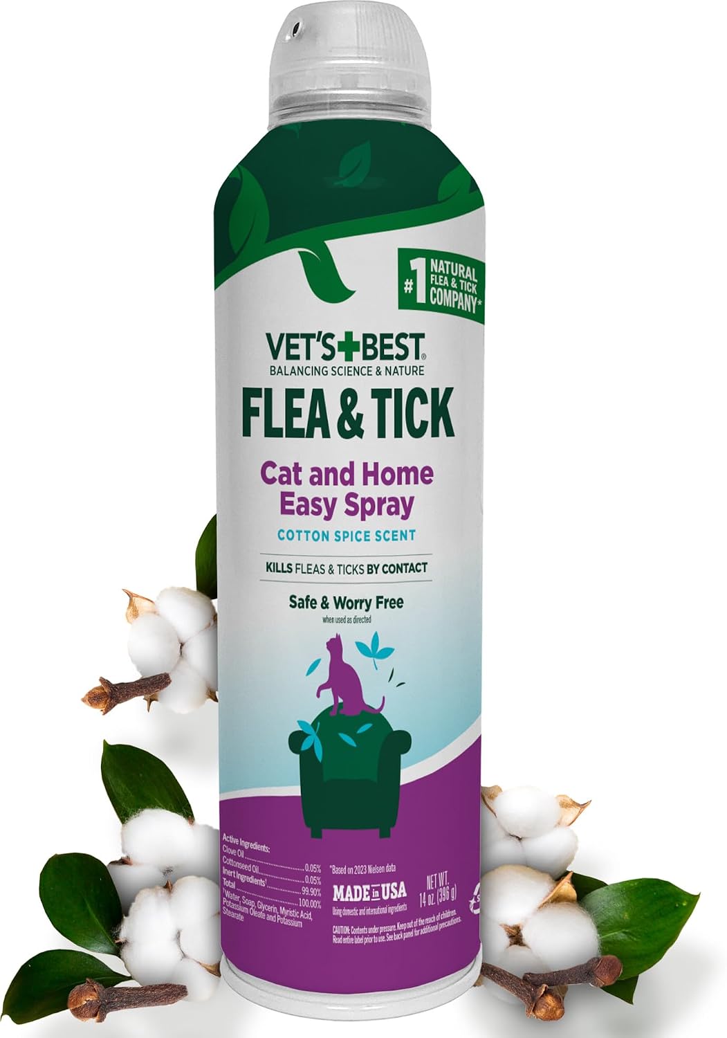 Vet’s Best Flea & Tick Gentle Mist Spray for Cats – Plant-Based Cottonseed & Clove Oil, Cotton Spice