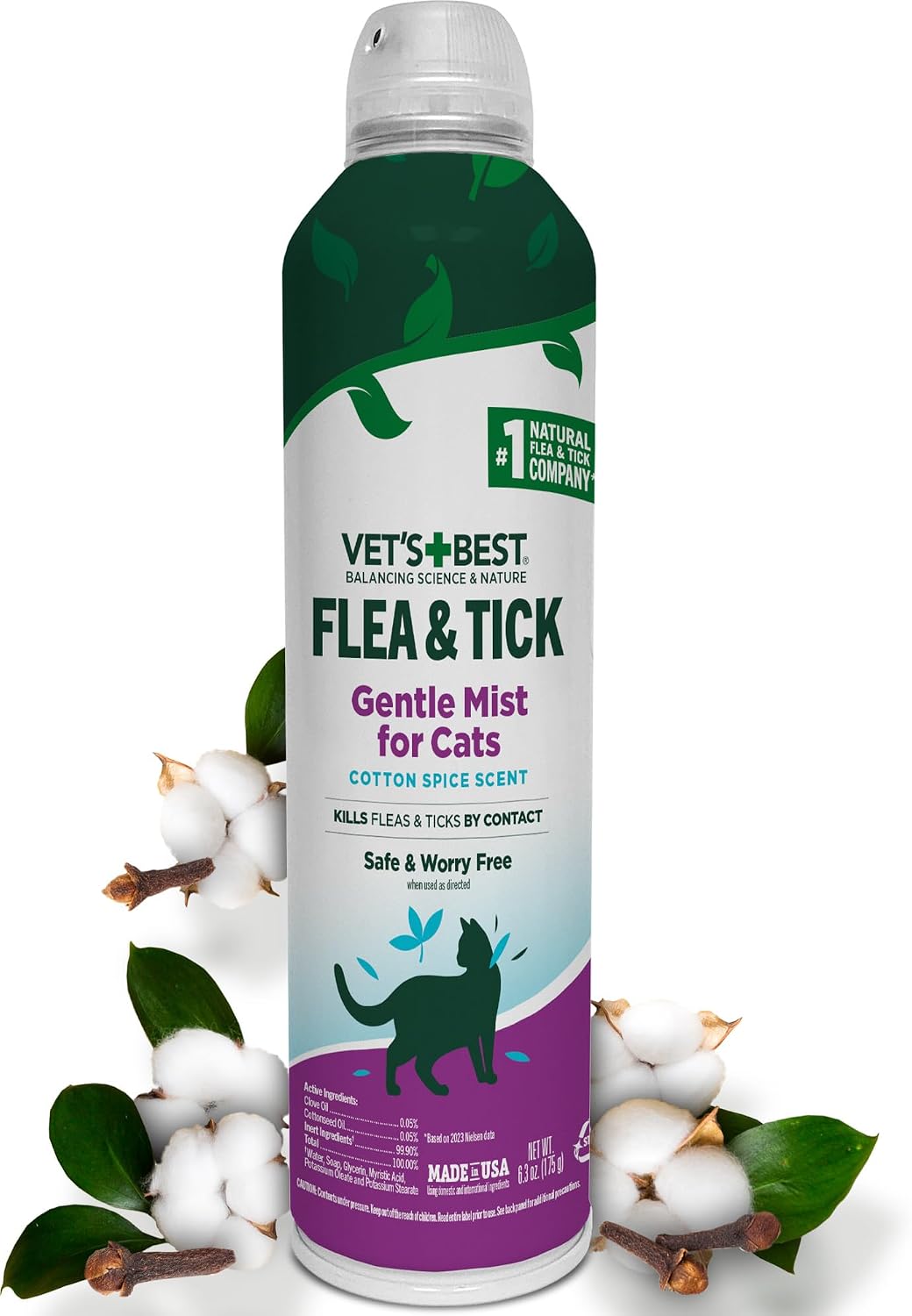 Vet’s Best Flea & Tick Gentle Mist Spray for Cats – Plant-Based Cottonseed & Clove Oil, Cotton Spice