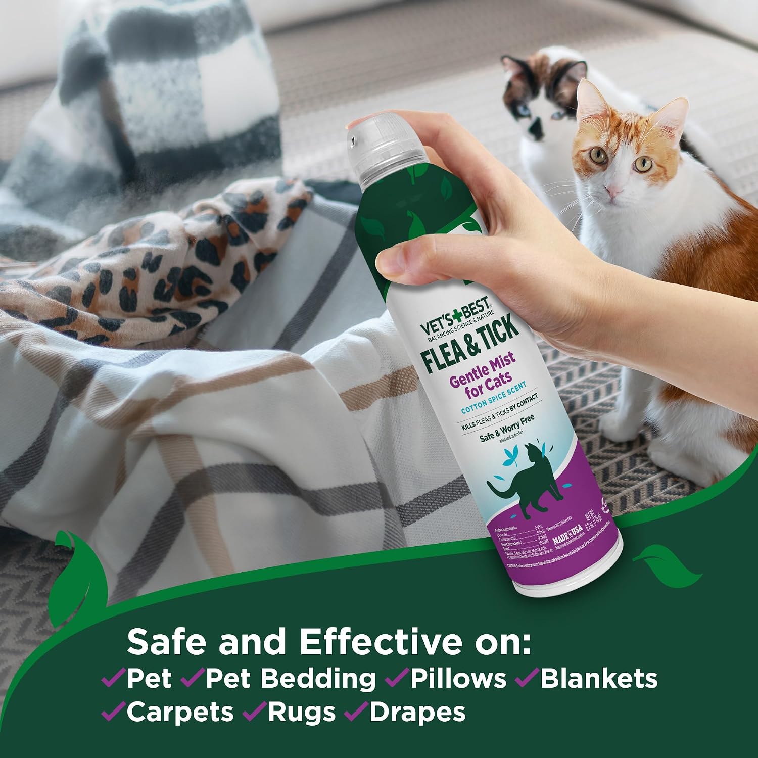 Vet’s Best Flea & Tick Gentle Mist Spray for Cats – Plant-Based Cottonseed & Clove Oil, Cotton Spice