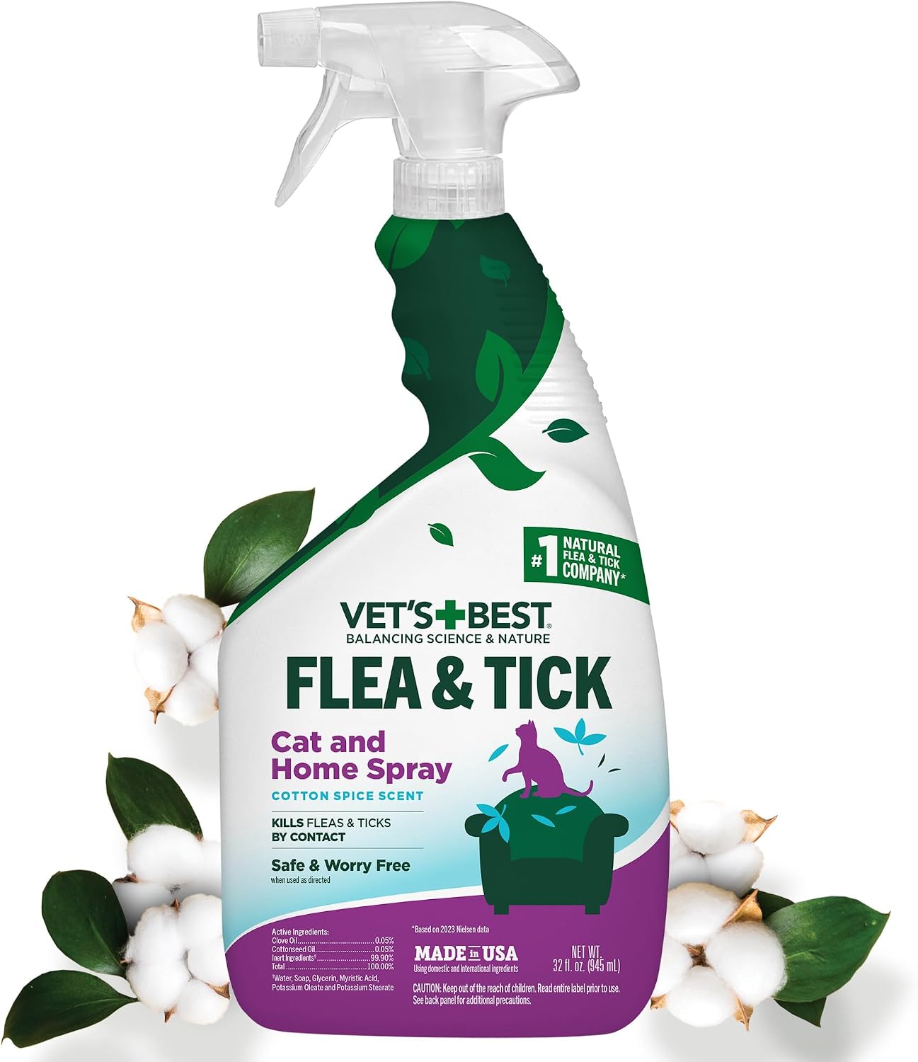 Vet’s Best Flea & Tick Gentle Mist Spray for Cats – Plant-Based Cottonseed & Clove Oil, Cotton Spice