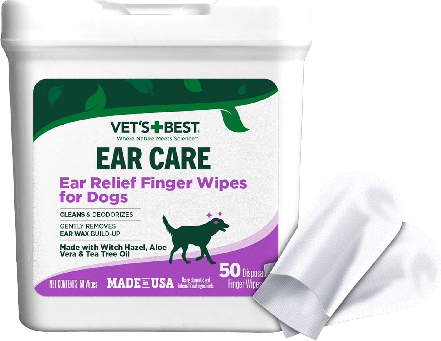Vet’s Best Ear Relief Finger Wipes for Dogs – Ear Cleaning Wipes with Witch Hazel, Aloe Vera & Tea Tree Oil, 50 Count