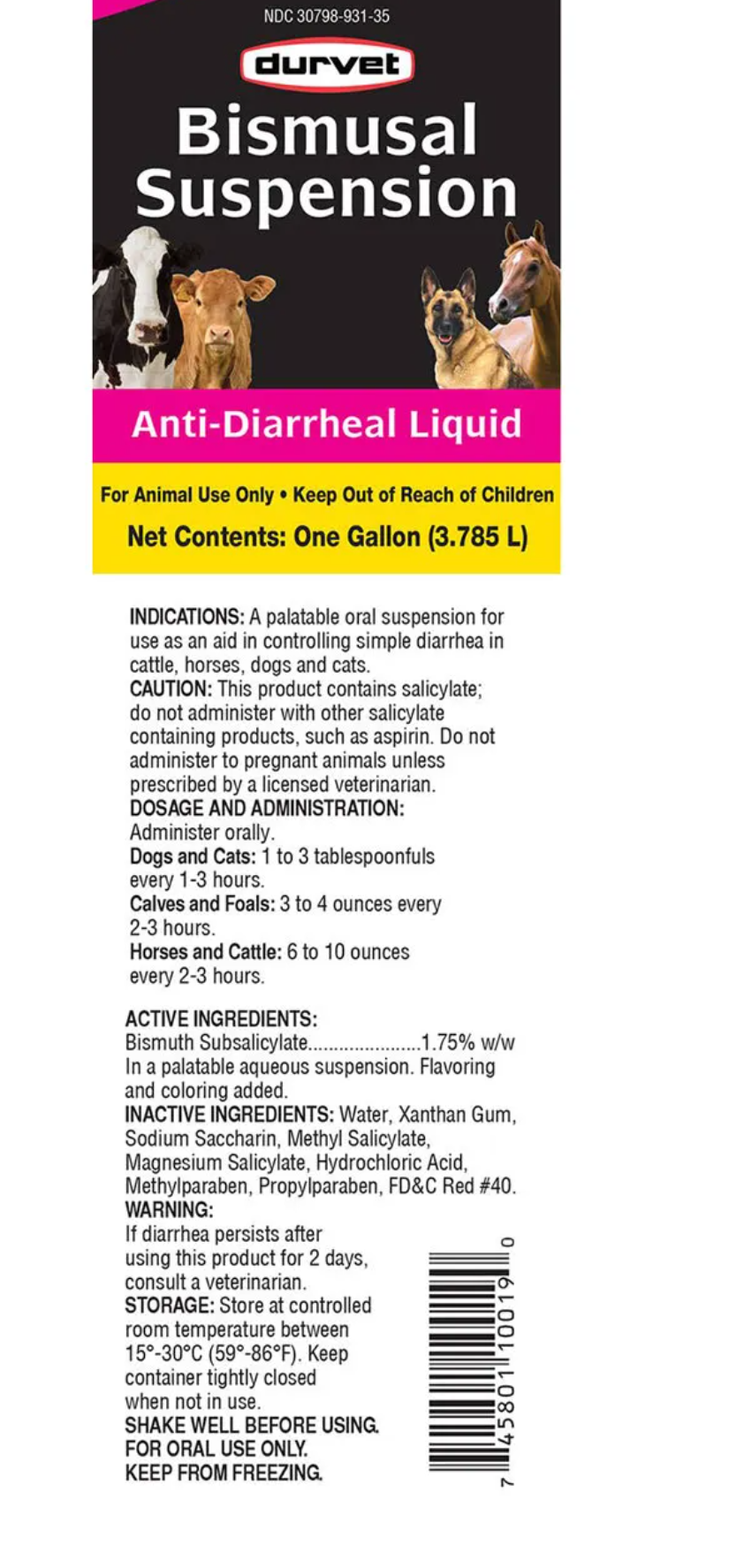 Durvet Bismusal Anti-Diarrheal Suspension for Horses, Cattle, Dogs & Cats – 1 Gallon (128 fl oz)