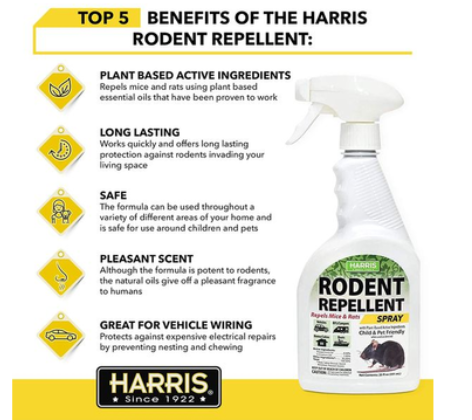 Harris GRR-20 Rodent Repellent Spray 20 oz – Plant-Based Peppermint & Cinnamon Oil Mouse & Rat Deterrent