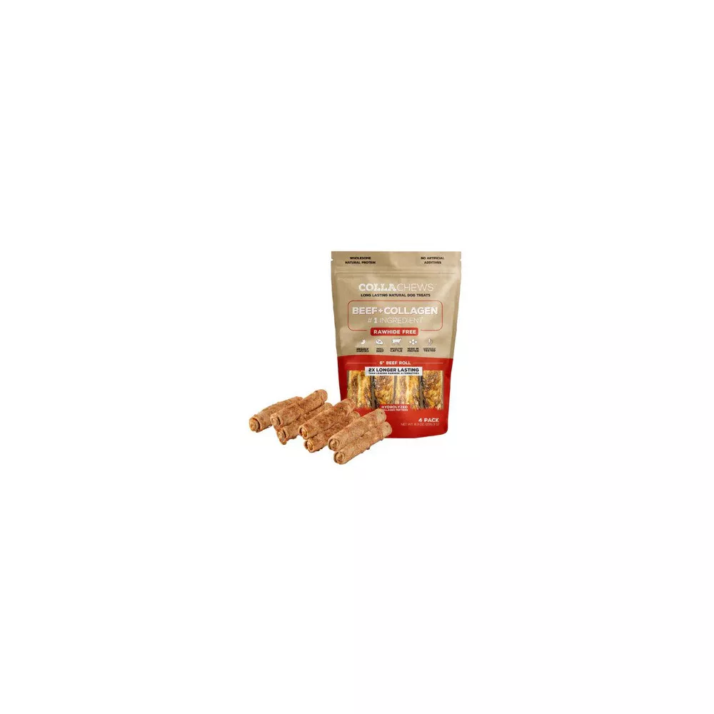 CollaChews Beef & Collagen Rolls for Dogs – 6 Inch Rawhide-Free Long-Lasting Chews, 4 Pack, 8.3 oz
