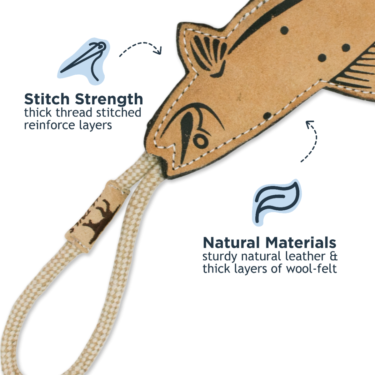 Tall Tails Natural Leather & Wool Trout Tug Dog Toy – 16 Inch