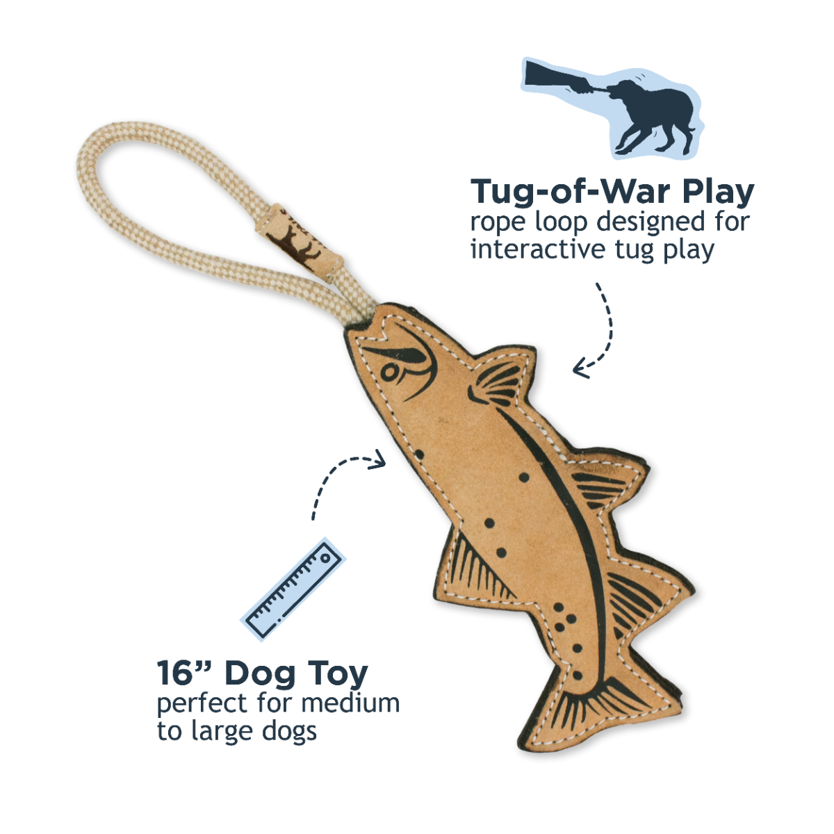 Tall Tails Natural Leather & Wool Trout Tug Dog Toy – 16 Inch