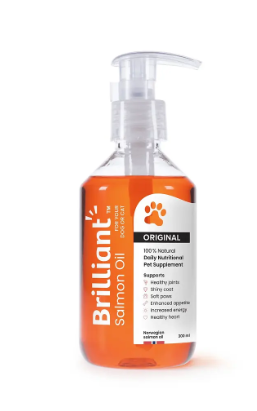 Brilliant Salmon Oil  omega fatty acids, including EPA, DHA, and DPA, to support healthy skin, a glossy coat, joints, and overall wellness. The 10 oz