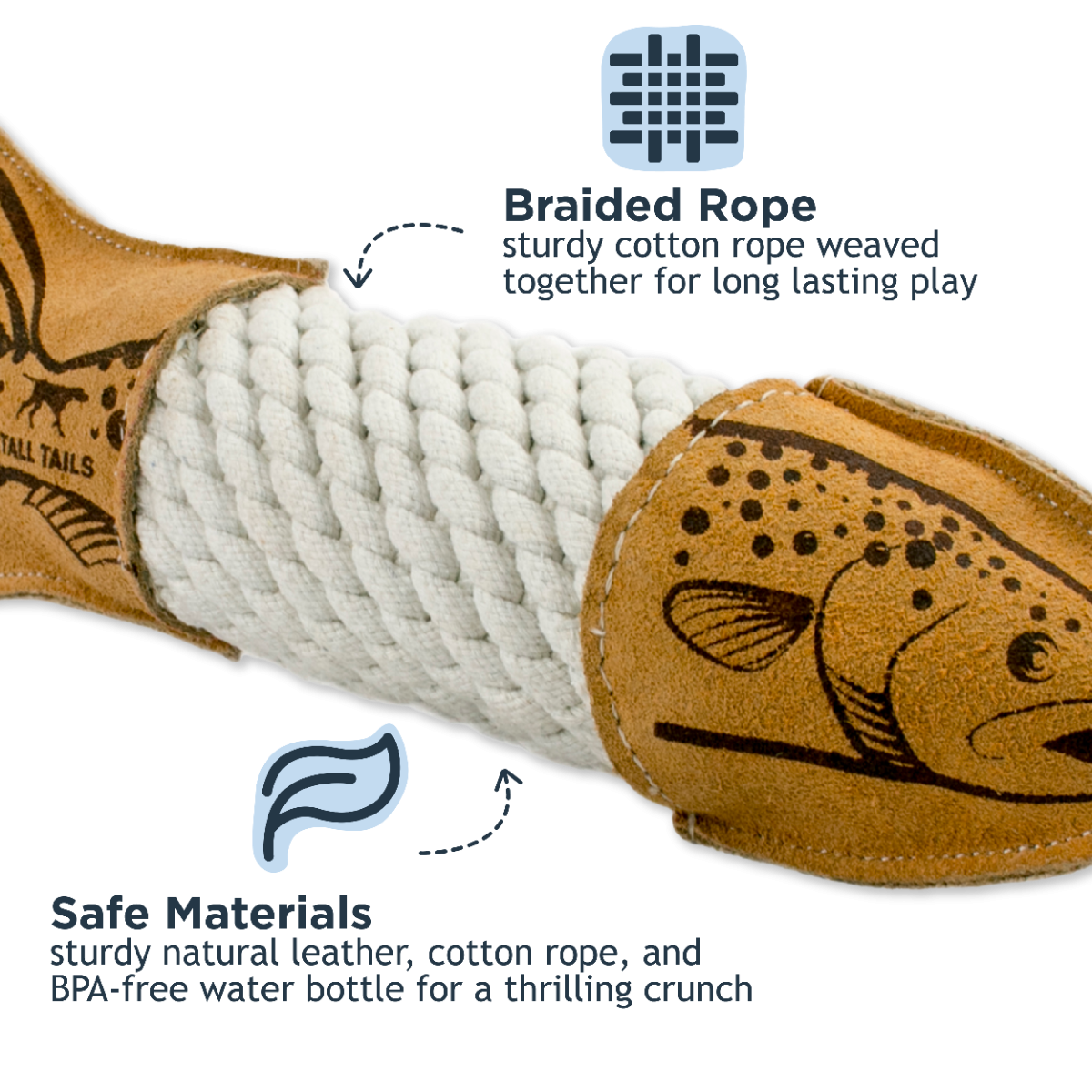 Tall Tails Natural Leather & Rope Trout Tug Dog Toy – 15 Inch