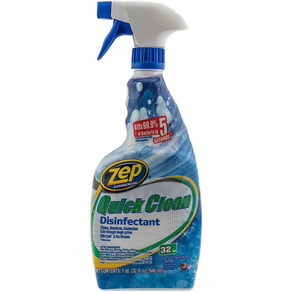 Zep Quick Clean Disinfectant Cleaner Spray – Kills 99.9% of Bacteria, Multi-Surface Cleaner & Deodorizer, 32 fl oz