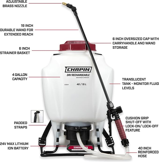CHAPIN 63924 4-Gallon 24V Battery Backpack Sprayer, 2-Hour Runtime