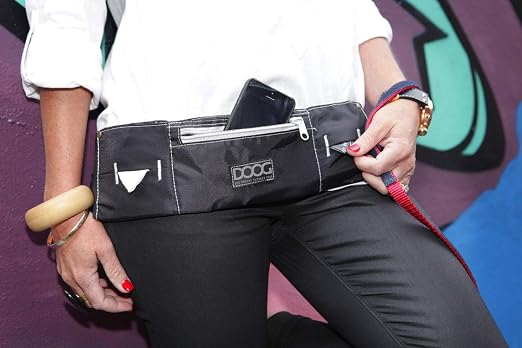 DOOG Walkie Dog Belt, Black, Hands-Free Adjustable Dog Walking Waist Belt with Phone, Treat & Waste Bag Storage
