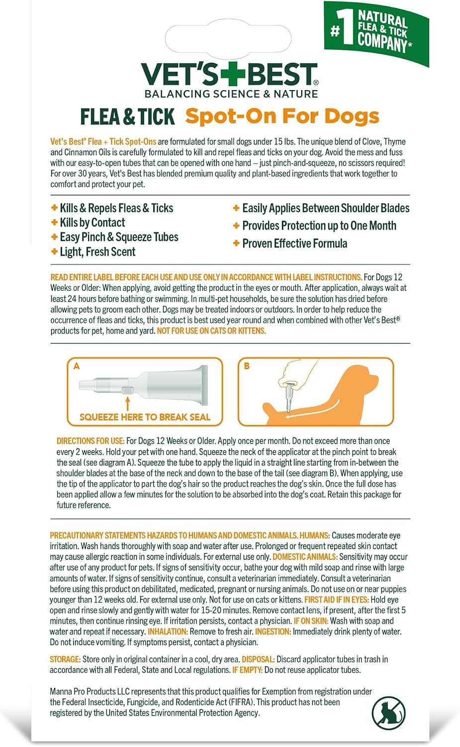 Vet’s Best Flea & Tick Spot-On Drops for Small Dogs Under 15 lb – Plant-Based Topical Treatment, 4 Month Supply