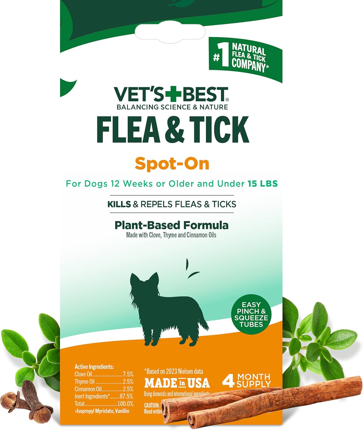 Vet’s Best Flea & Tick Spot-On Drops for Small Dogs Under 15 lb – Plant-Based Topical Treatment, 4 Month Supply