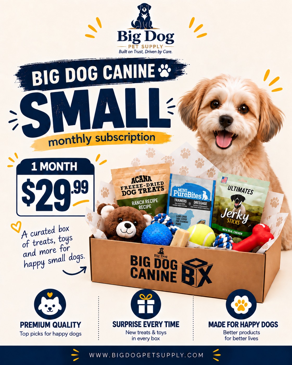 Big Dog Canine Box for Small Dogs – New Surprise of Premium Treats & Toys Every Time You Order
