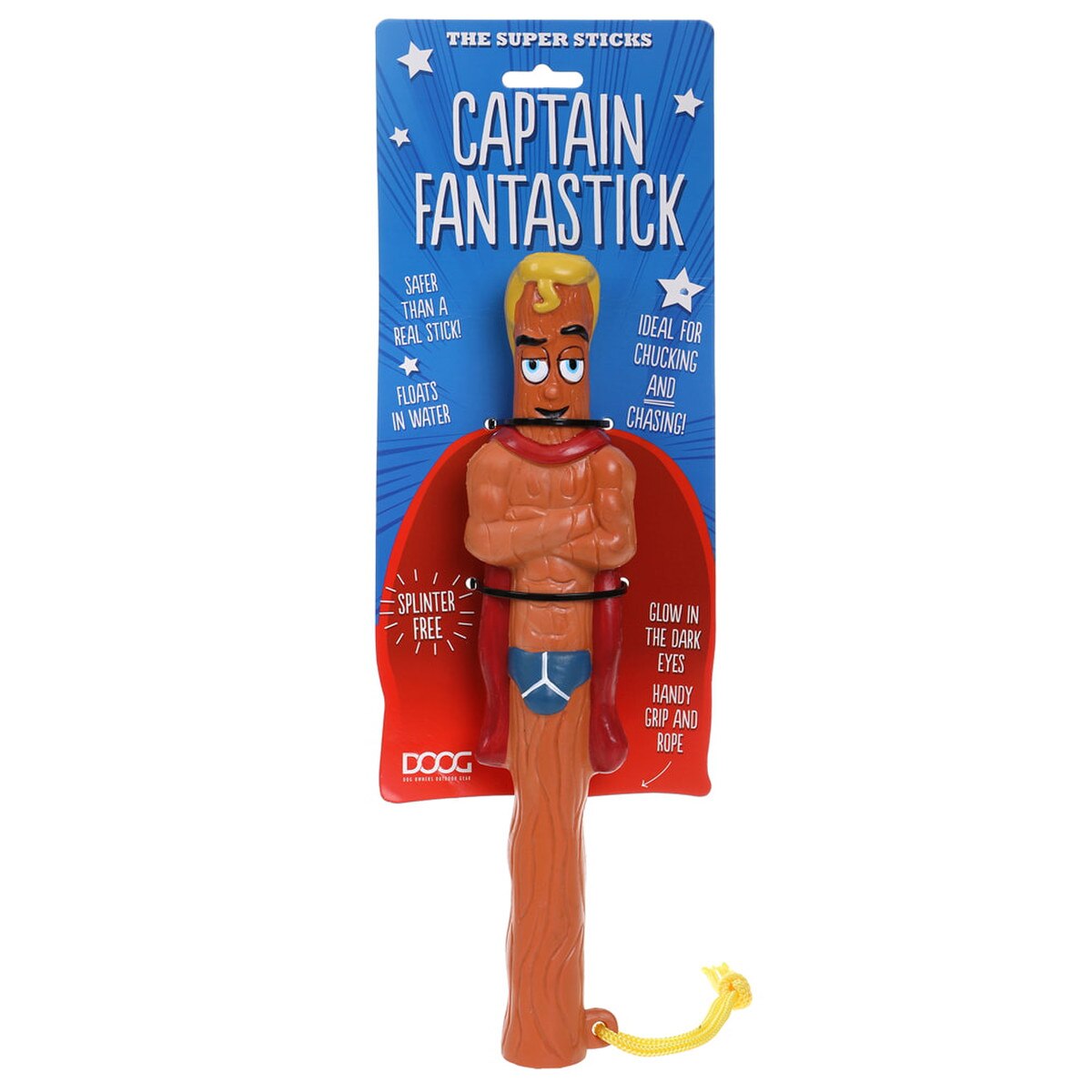 DOOG Captain Fantastick Super Stick Dog Toy – 11" Recycled Rubber Floating Fetch Toy with Rope & Glow-in-the-Dark Eyes