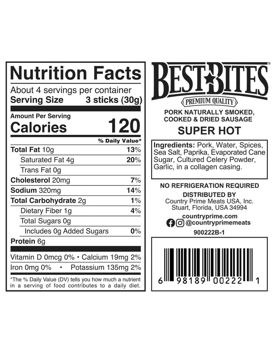 Country Prime Meats Super Hot Best Bites 4.4 oz – Naturally Smoked Spicy Pork Sausage Bites
