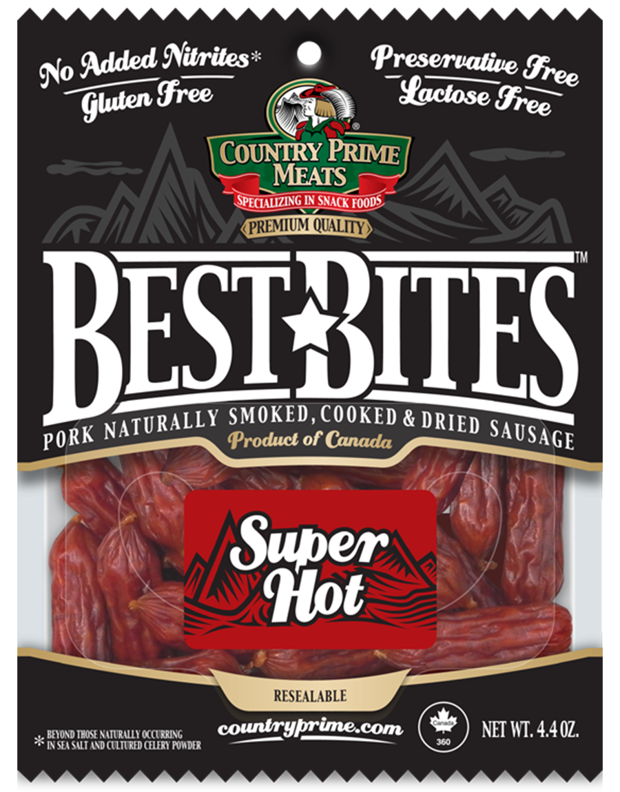 Country Prime Meats Super Hot Best Bites 4.4 oz – Naturally Smoked Spicy Pork Sausage Bites